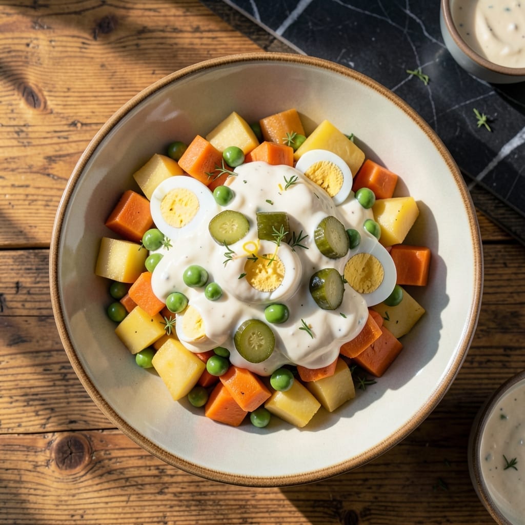 Salad Olivieh Recipe Russian: Traditional Creamy Potato and Pickle Medley Salad Olivieh Recipe Russian: Traditional Creamy Potato and Pickle Medley