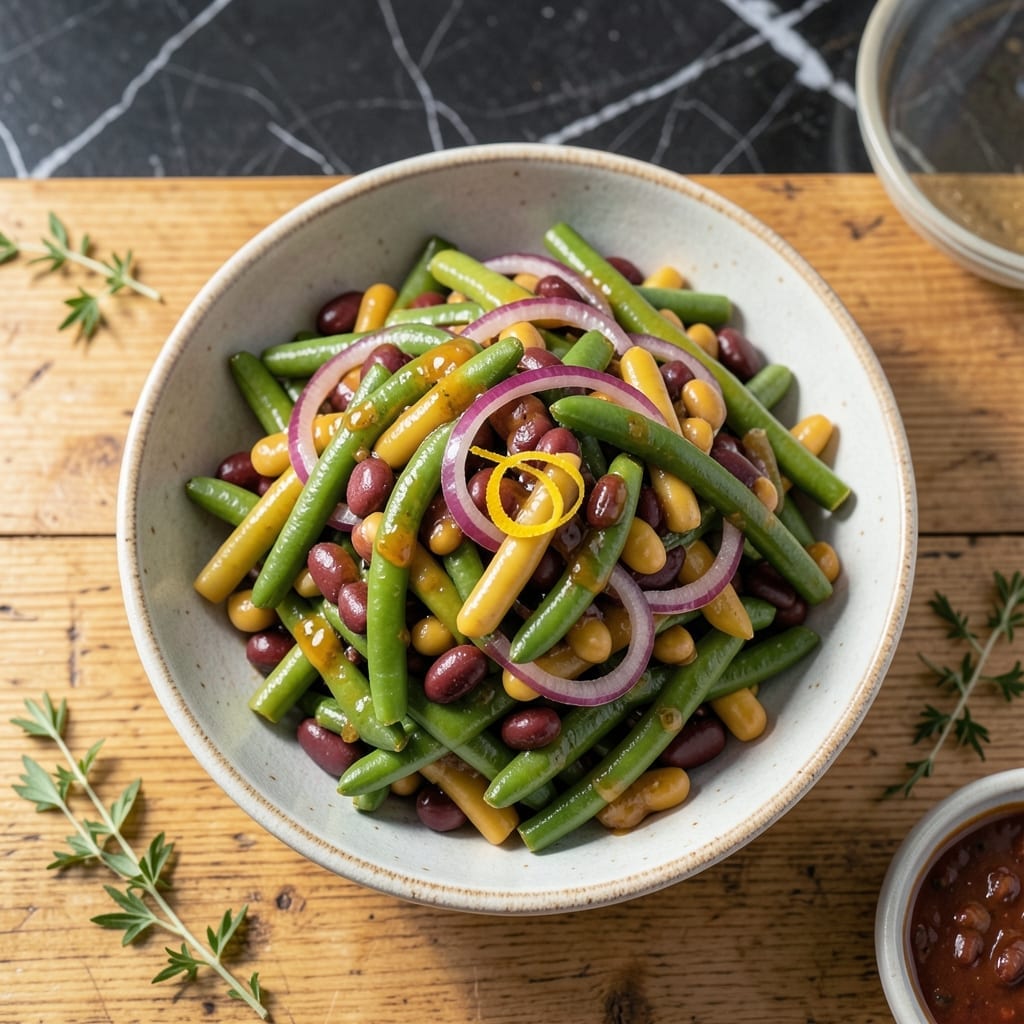 Traditional Recipe For Three Bean Salad: Crunchy Tri-Color Medley With Herb Dressing Traditional Recipe For Three Bean Salad: Crunchy Tri-Color Medley With Herb Dressing