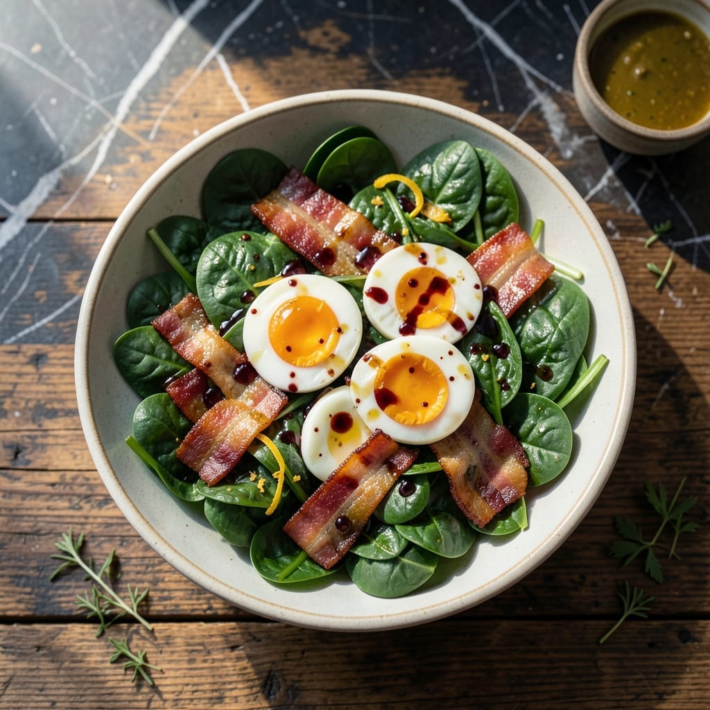Recipe for Spinach Salad With Bacon and Eggs: Smoky Crunch Meets Runny Yolk Recipe for Spinach Salad With Bacon and Eggs: Smoky Crunch Meets Runny Yolk