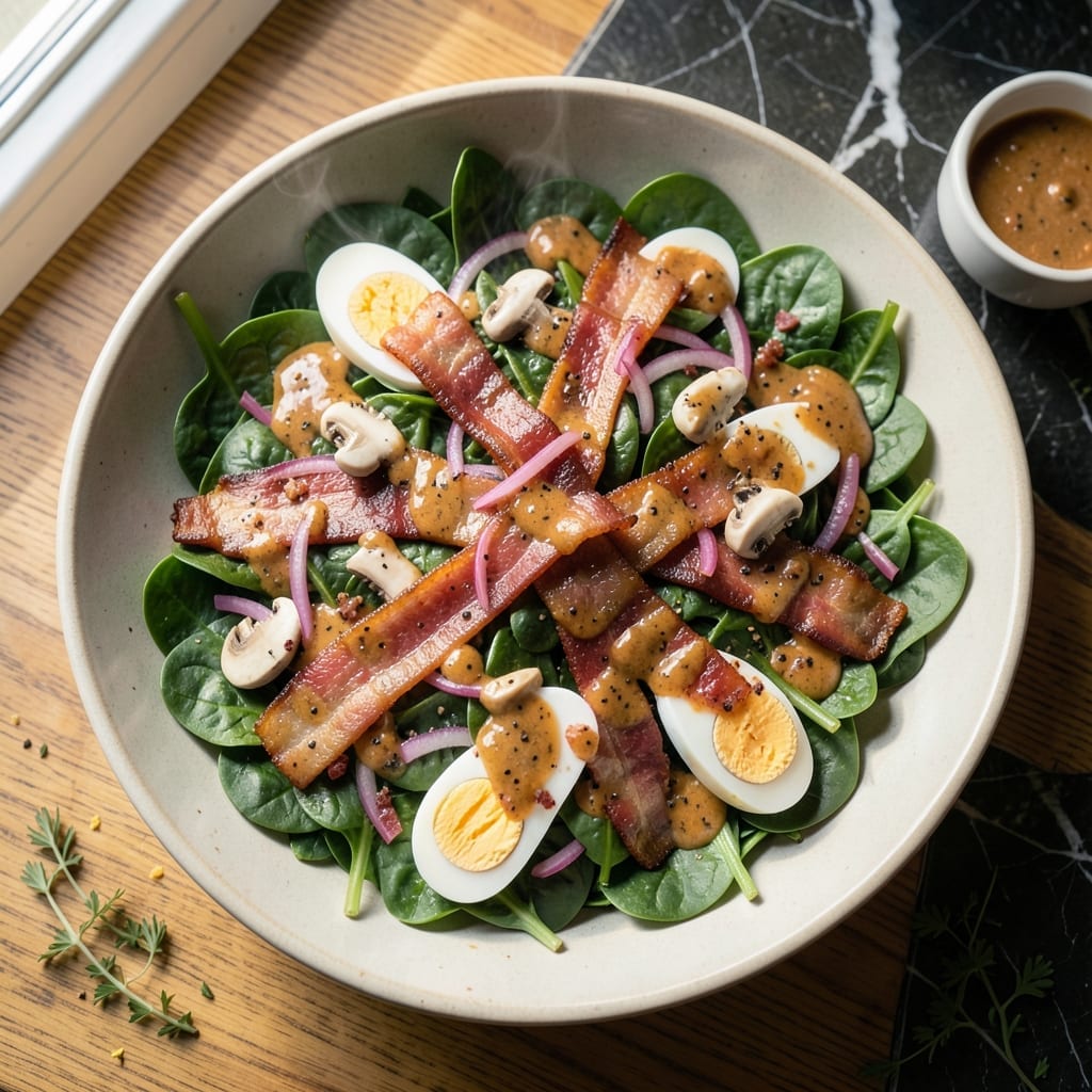 Recipe for Spinach Salad With Warm Bacon Dressing: Crisp Leaves and Smoky Sweetness