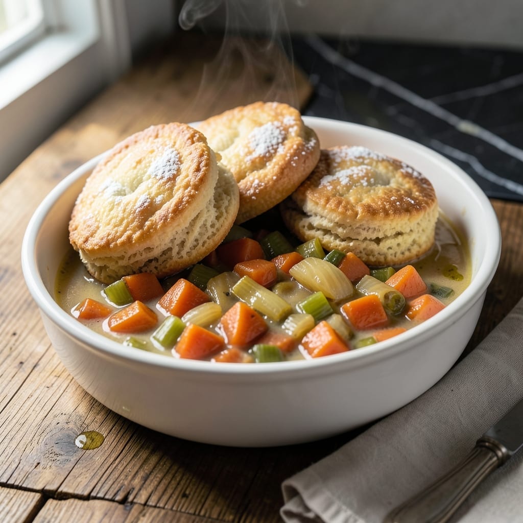 Veggie Pot Pie Recipe With Biscuits: Flaky Topping Over Savory Filling