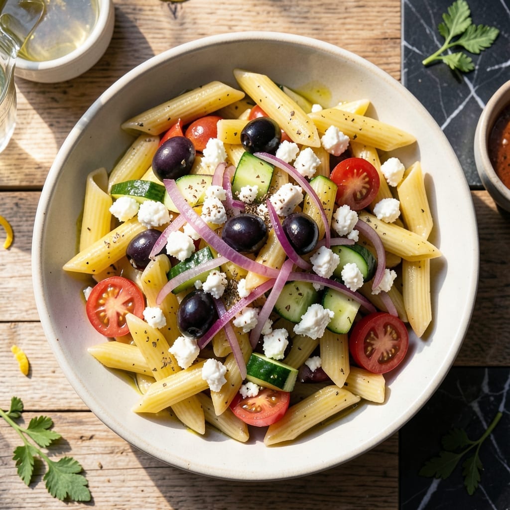 Greek Pasta Salad Recipe Penne: Mediterranean Freshness With Feta and Olives Greek Pasta Salad Recipe Penne: Mediterranean Freshness With Feta and Olives