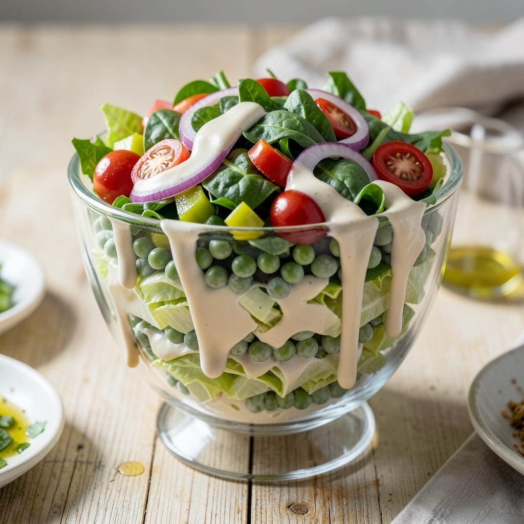 Recipe for Seven Layer Salad With Ranch Dressing: Classic Potluck Layers in One Bowl Recipe for Seven Layer Salad With Ranch Dressing: Classic Potluck Layers in One Bowl