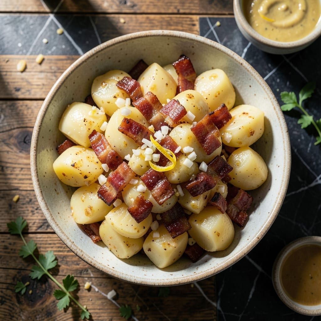 Old Fashioned German Potato Salad Recipe With Bacon: Warm Vinegar-Based Tang With Crispy Bits Old Fashioned German Potato Salad Recipe With Bacon: Warm Vinegar-Based Tang With Crispy Bits