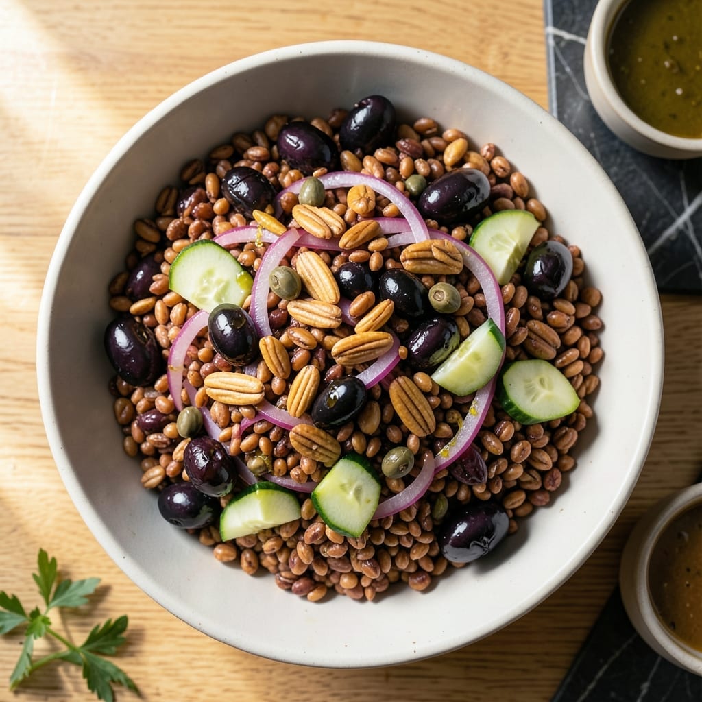 Recipe For Wheat Salad: Briny Garden Medley With Toasted Pine Nuts Recipe For Wheat Salad: Briny Garden Medley With Toasted Pine Nuts