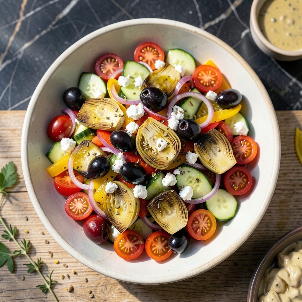 Greek Salad Recipe With Artichoke Hearts: Crunchy Mediterranean Medley With Kalamata Olives