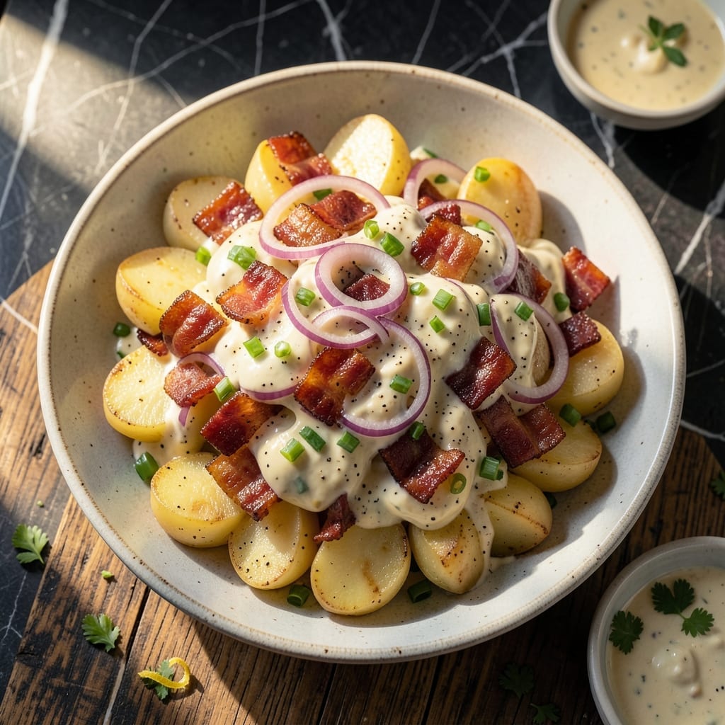 Old Fashioned German Potato Salad Recipe With Mayonnaise and Mustard: Creamy Tang With Crispy Bacon Bits