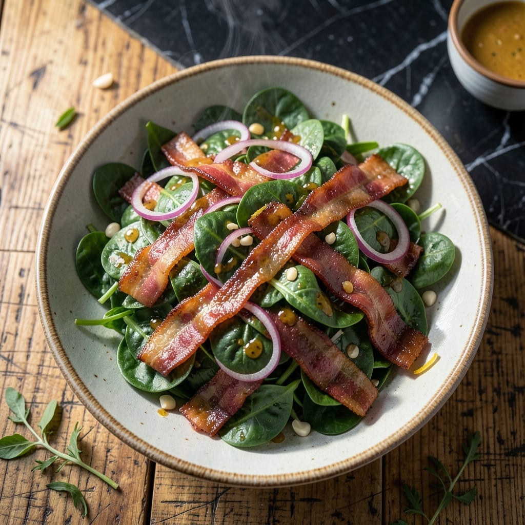 Warm Spinach Salad Recipe With Bacon: Smoky Crisp Meet Wilted Greens Warm Spinach Salad Recipe With Bacon: Smoky Crisp Meet Wilted Greens