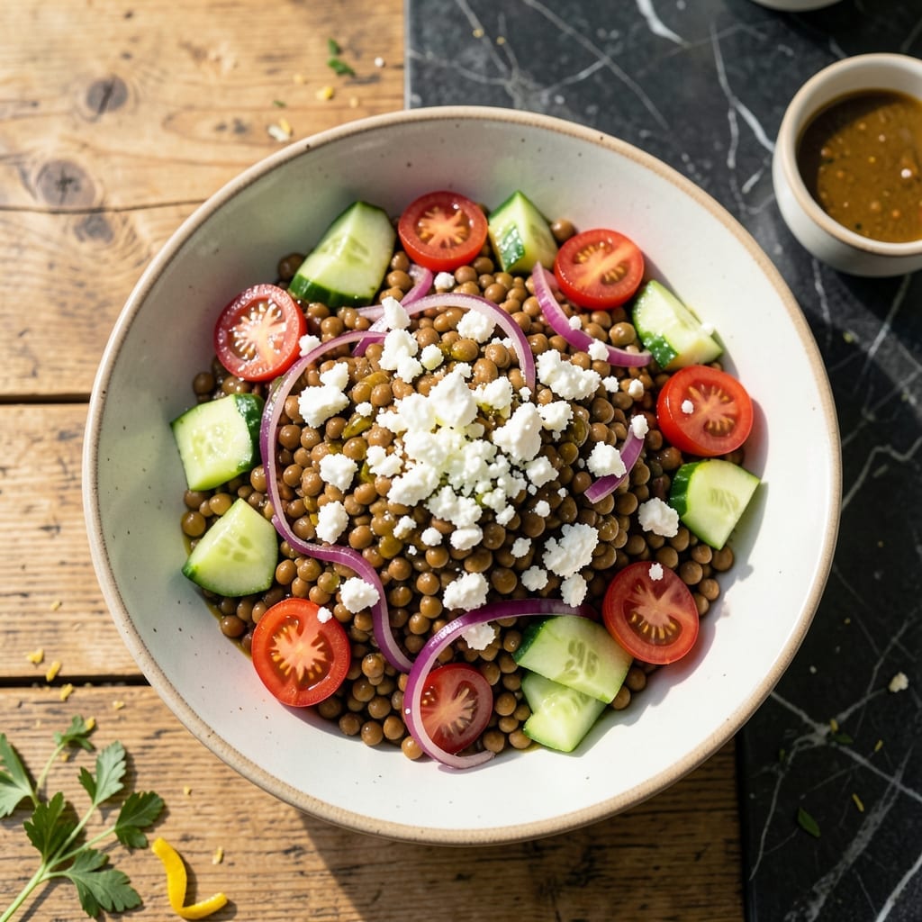 Greek Lentil Salad Recipe With Feta Cheese: Rustic Flavors With a Lemon-Olive Oil Dressing Greek Lentil Salad Recipe With Feta Cheese: Rustic Flavors With a Lemon-Olive Oil Dressing