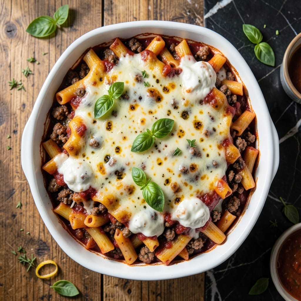Italian Baked Ziti Recipe With Ground Beef: Three-Cheese Layered Indulgence