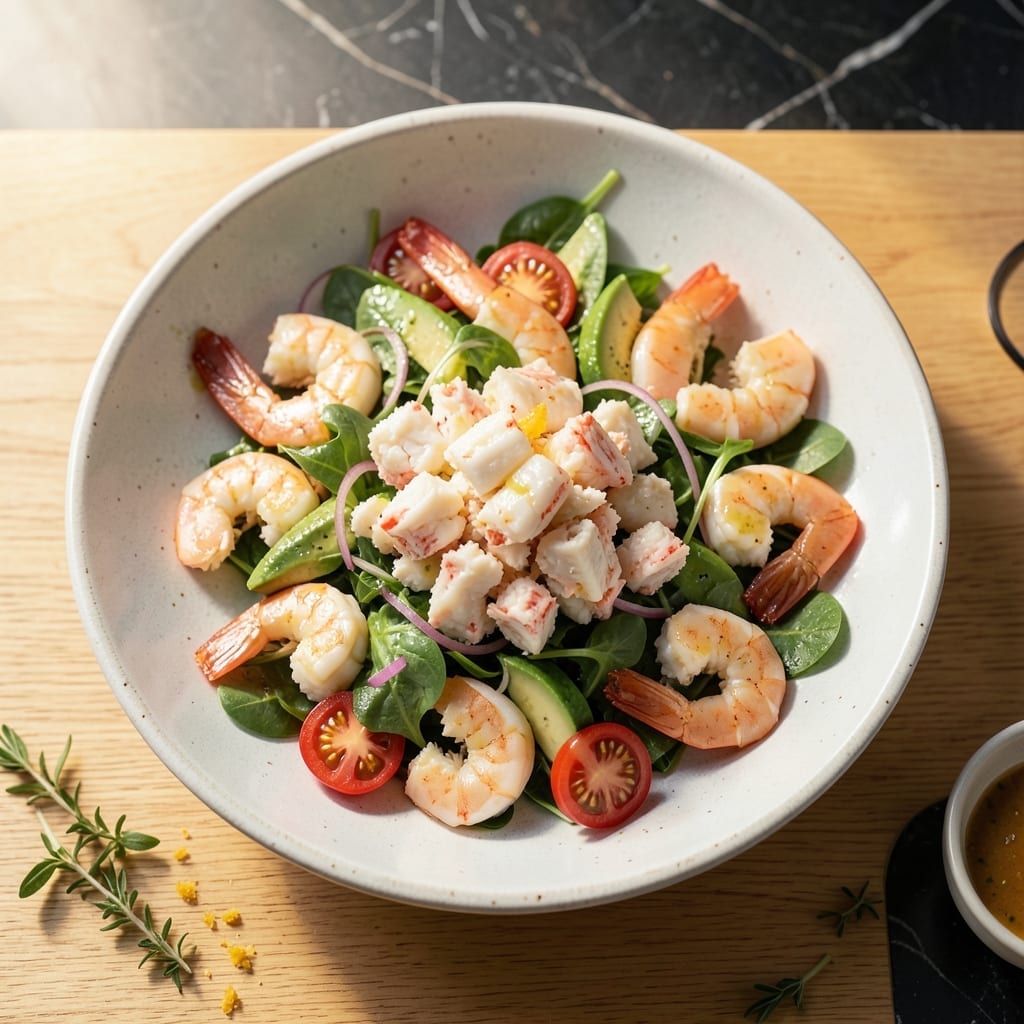 Seafood Salad Recipe With Real Crab Meat and Shrimp: Coastal Freshness on a Bed of Greens