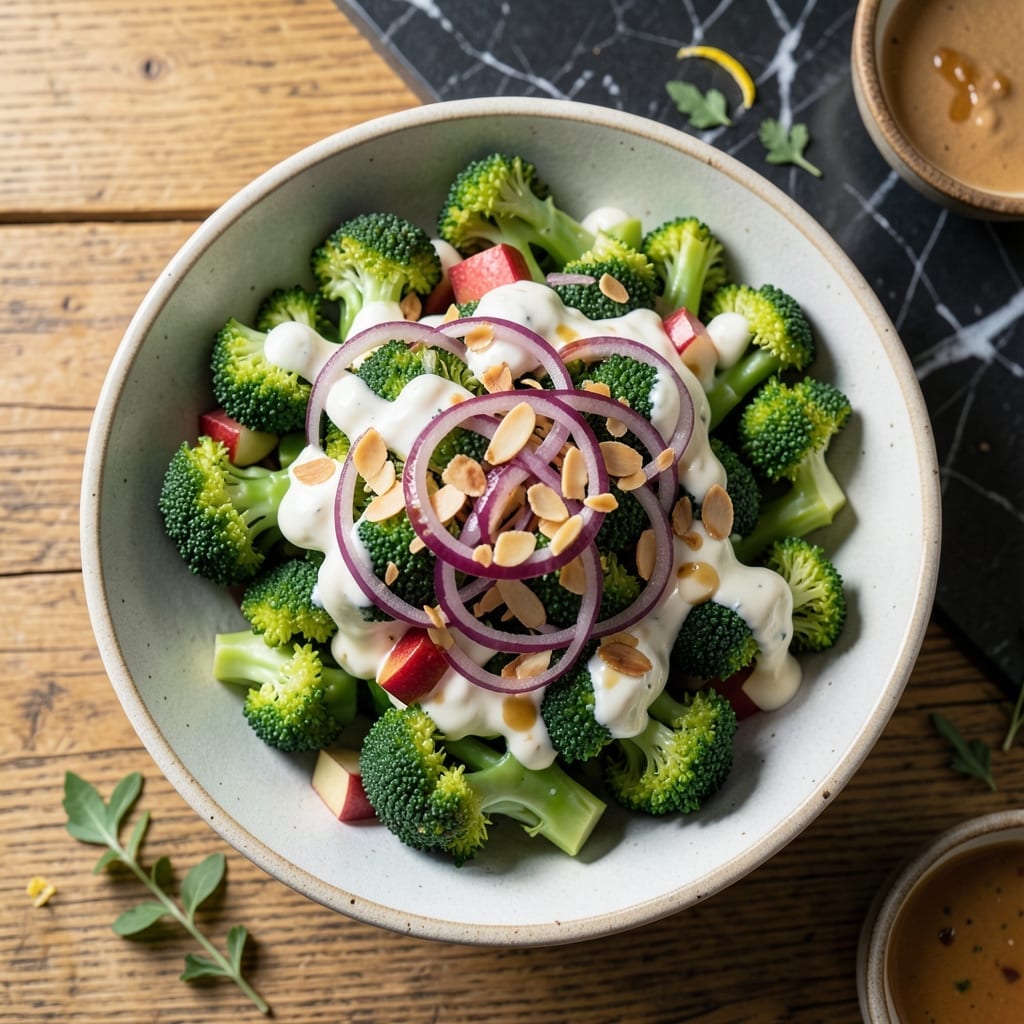 Healthy Broccoli Salad Recipe No Mayo: Tangy Yogurt Dressing With Crunchy Almonds Healthy Broccoli Salad Recipe No Mayo: Tangy Yogurt Dressing With Crunchy Almonds