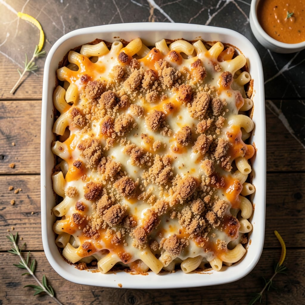 Macaroni and Cheese Casserole Recipe with Bread Crumbs: Buttery Crunch Topping Over Creamy Pasta Layers