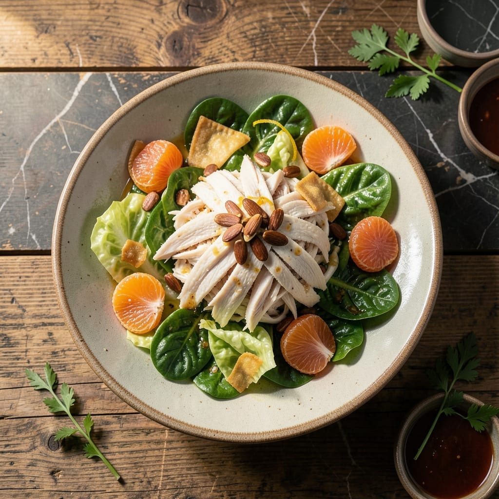 Chinese Chicken Salad Recipe With Mandarin Oranges: Crispy Wonton Strips and Almond Crunch Chinese Chicken Salad Recipe With Mandarin Oranges: Crispy Wonton Strips and Almond Crunch