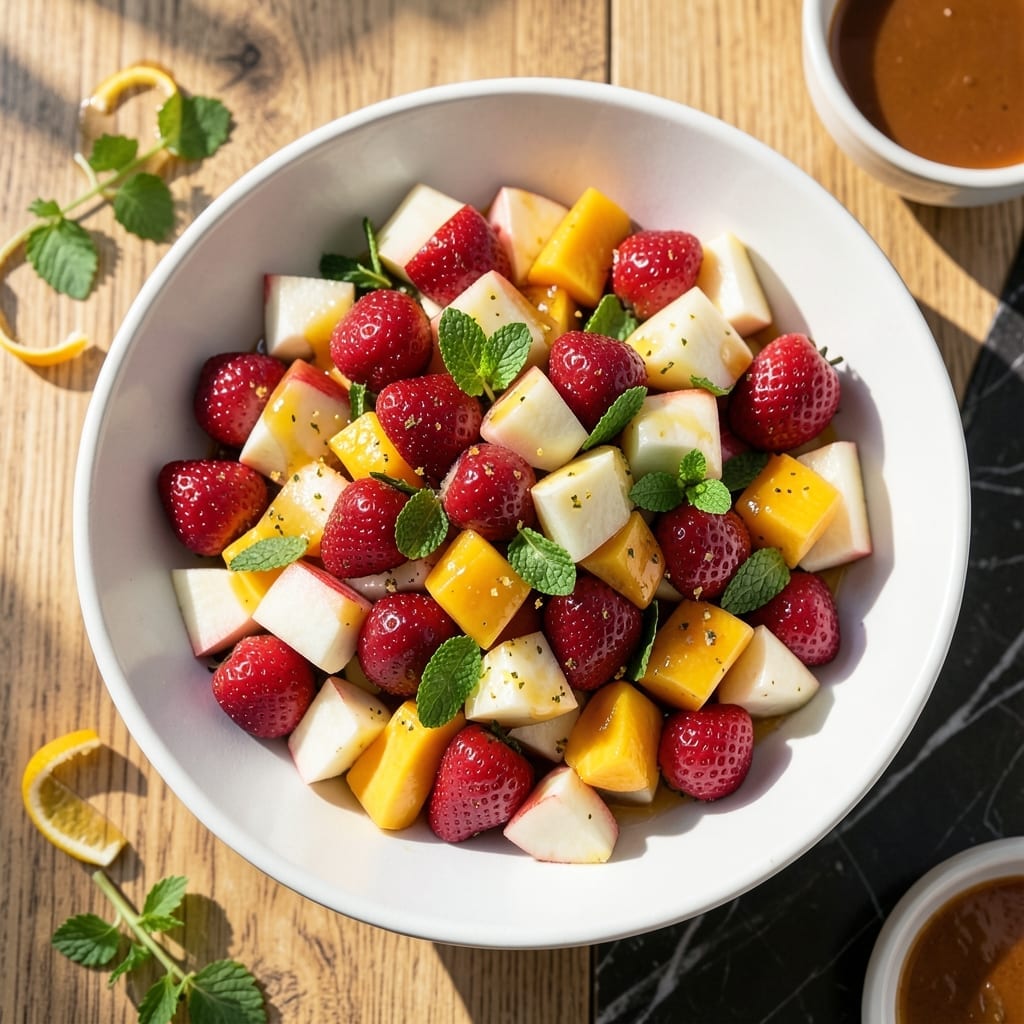 Fruit Salad Recipe Card: Rainbow Freshness With Honey Lime Dressing