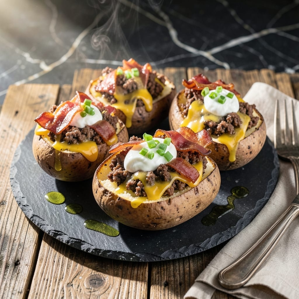 Loaded Baked Potato Recipe With Meat: Cheesy Bacon Toppings Galore Loaded Baked Potato Recipe With Meat: Cheesy Bacon Toppings Galore