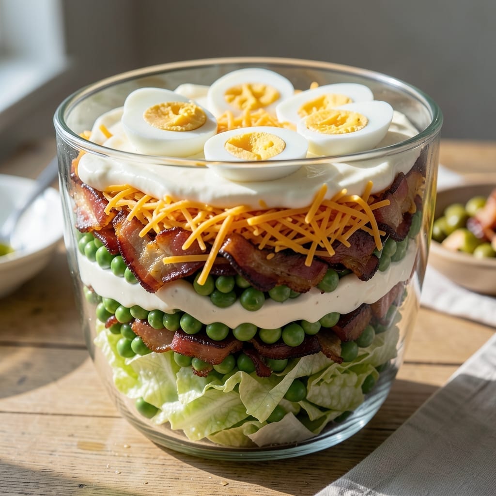 7 Layer Salad Recipe With Peas And Bacon: Retro Potluck Classic Reborn 7 Layer Salad Recipe With Peas And Bacon: Retro Potluck Classic Reborn