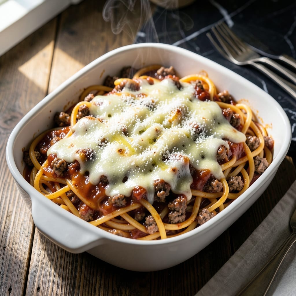 Baked Spaghetti Recipe With Ground Beef: Cheesy Layers in One Pan