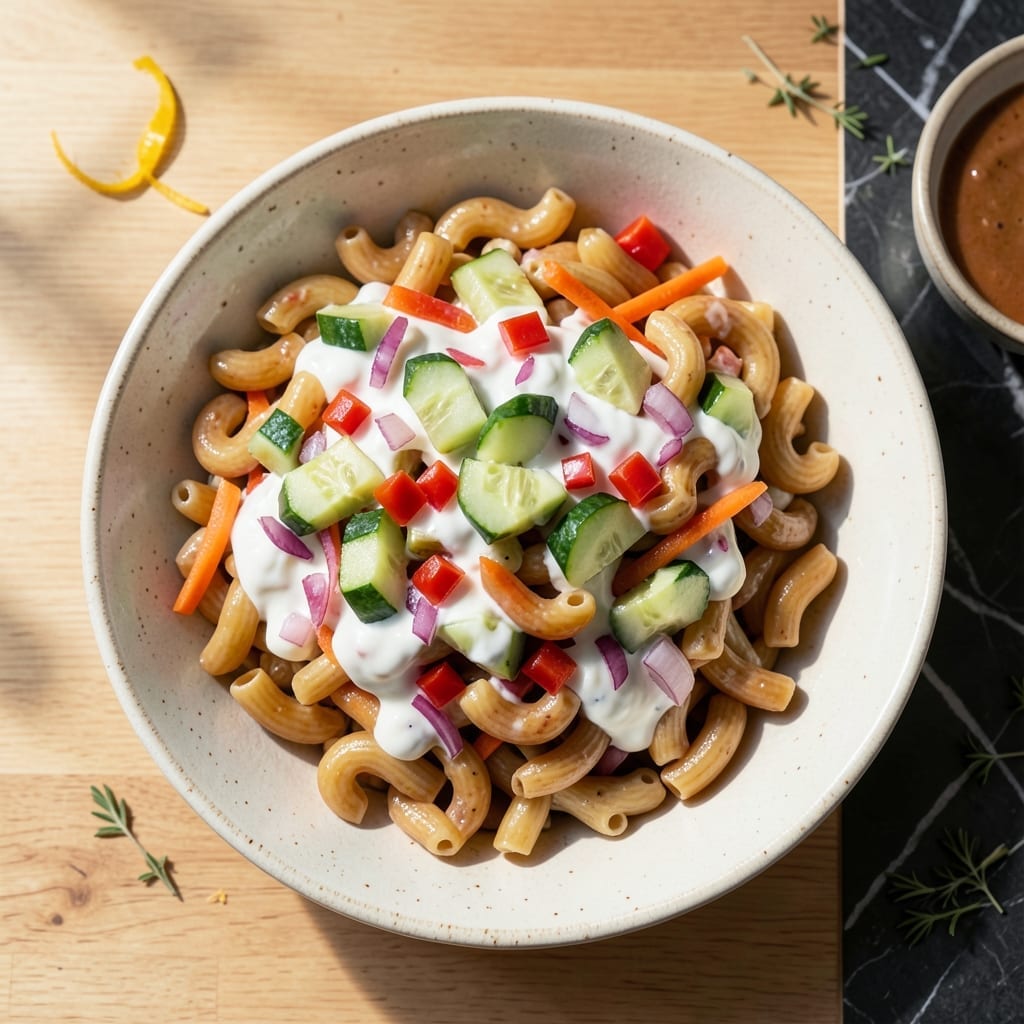 Healthy Macaroni Salad Recipe Without Mayonnaise: Greek Yogurt Dressing With Garden Freshness