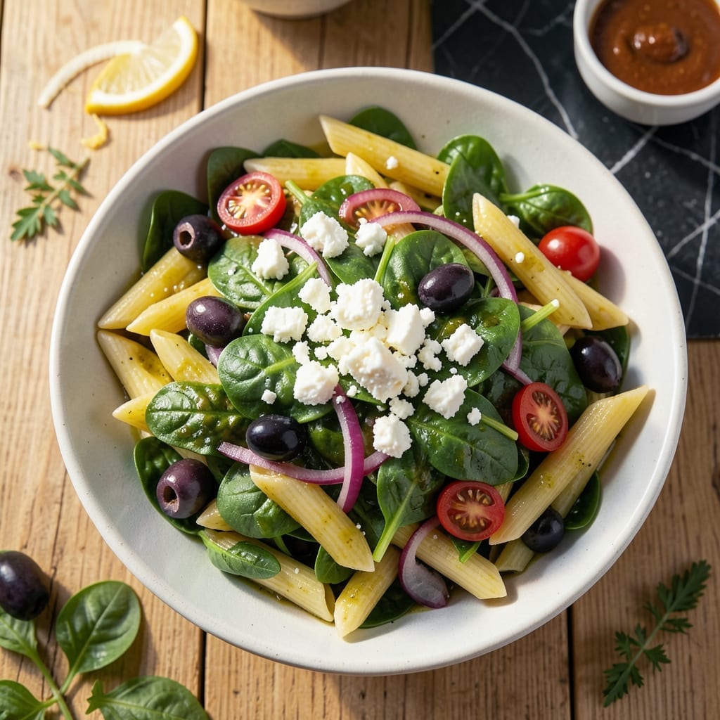 Greek Pasta Salad Recipe With Spinach: Feta and Olive Mediterranean Medley