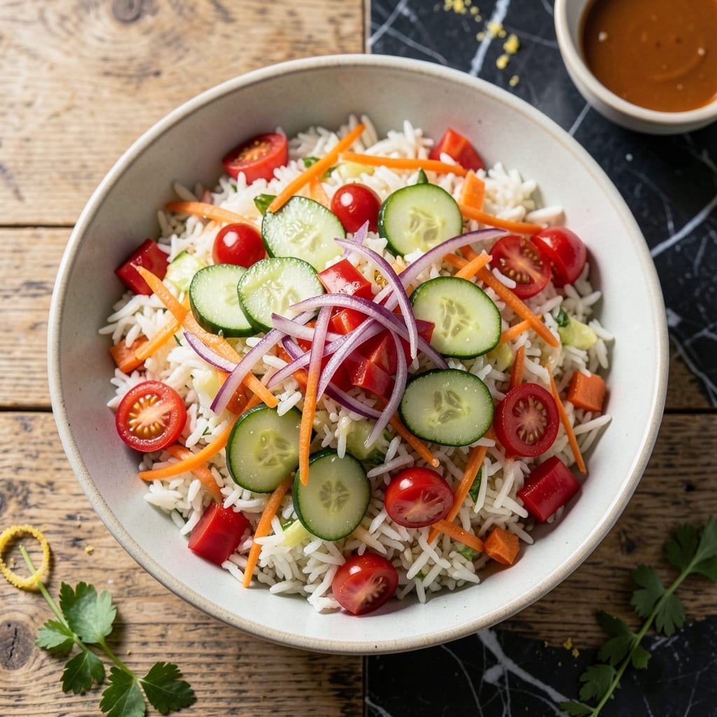 Recipe for Rice Salad With Vegetables: Rainbow Medley With Lemon-Herb Dressing Recipe for Rice Salad With Vegetables: Rainbow Medley With Lemon-Herb Dressing
