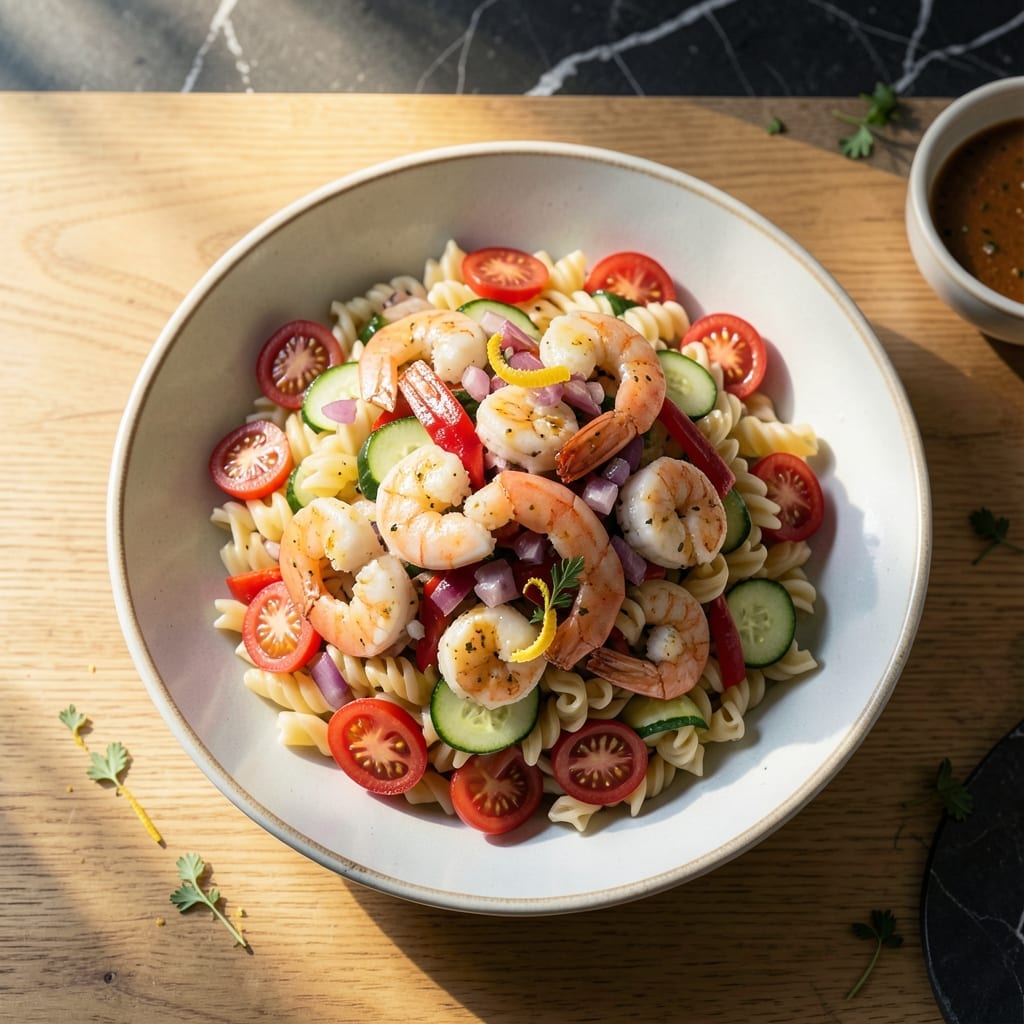 Recipe for Cold Shrimp Pasta Salad: Chilled Garden Freshness With Zesty Lemon