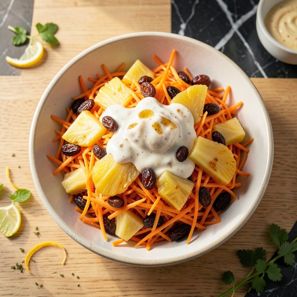 Recipe For Carrot Raisin Salad With Pineapple: Tropical Sweetness With Creamy Dressing