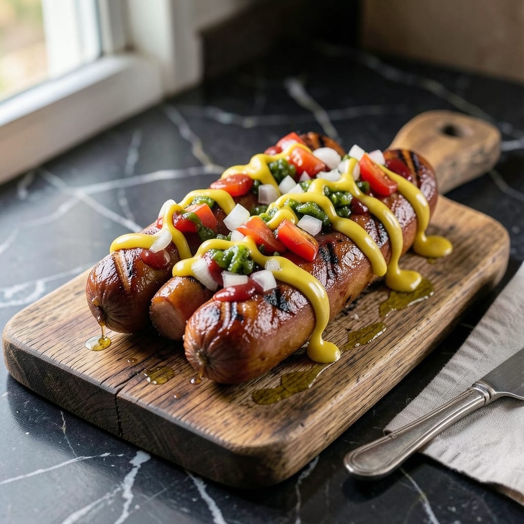 Hot Dog Recipe No Bun: Grill-Marked Sausage With Classic Toppings Hot Dog Recipe No Bun: Grill-Marked Sausage With Classic Toppings