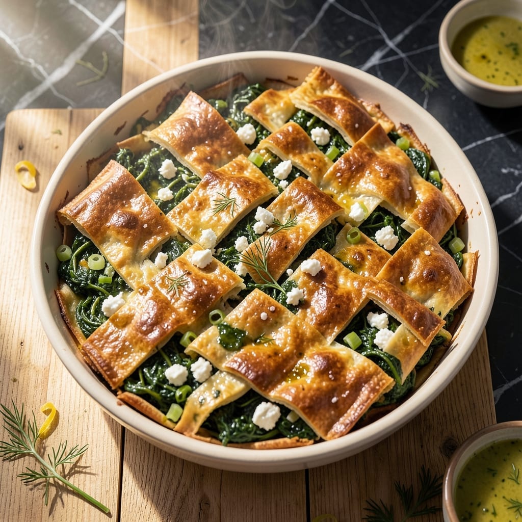 Recipe for Spanakopita Greek Spinach Pie: Layers of Flaky Phyllo Hugging Herbed Spinach and Feta