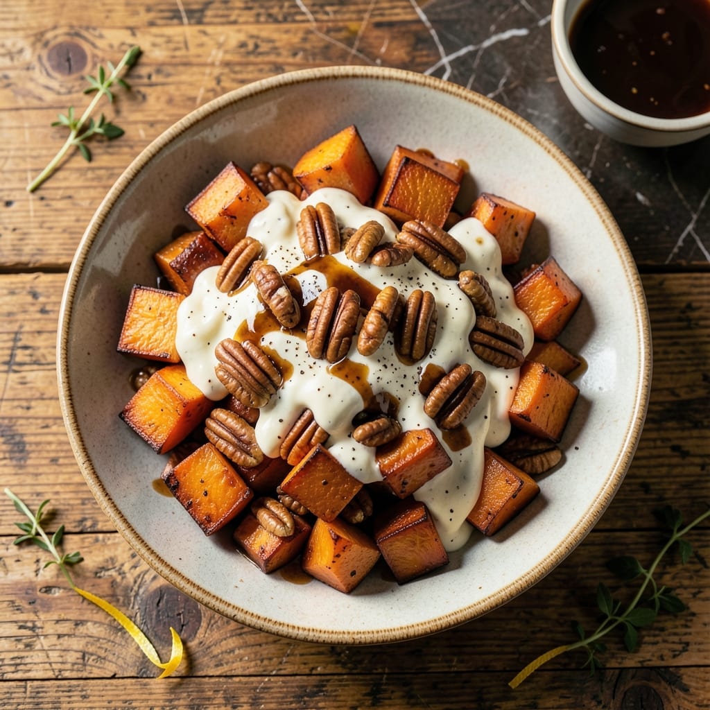 Recipe For Sweet Potato Salad With Pecans: Maple-Glazed Nuts and Creamy Dressing