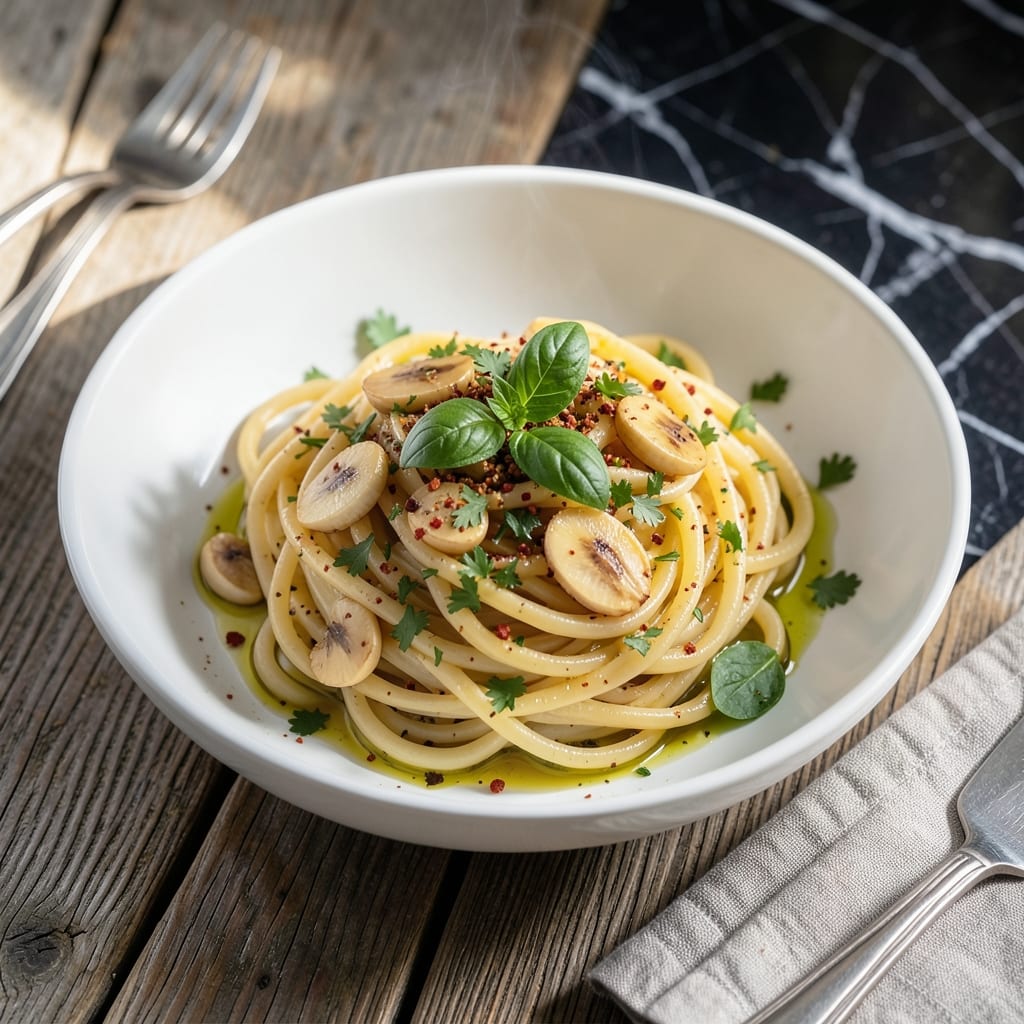 aglio olio pasta recipe veg illustration with key details