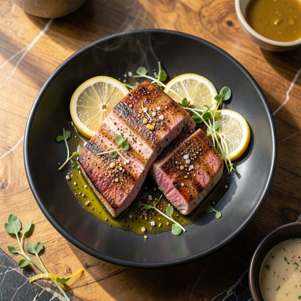 Ahi Tuna Oven Recipe: Seared Outside, Pink and Tender Inside illustration with key details