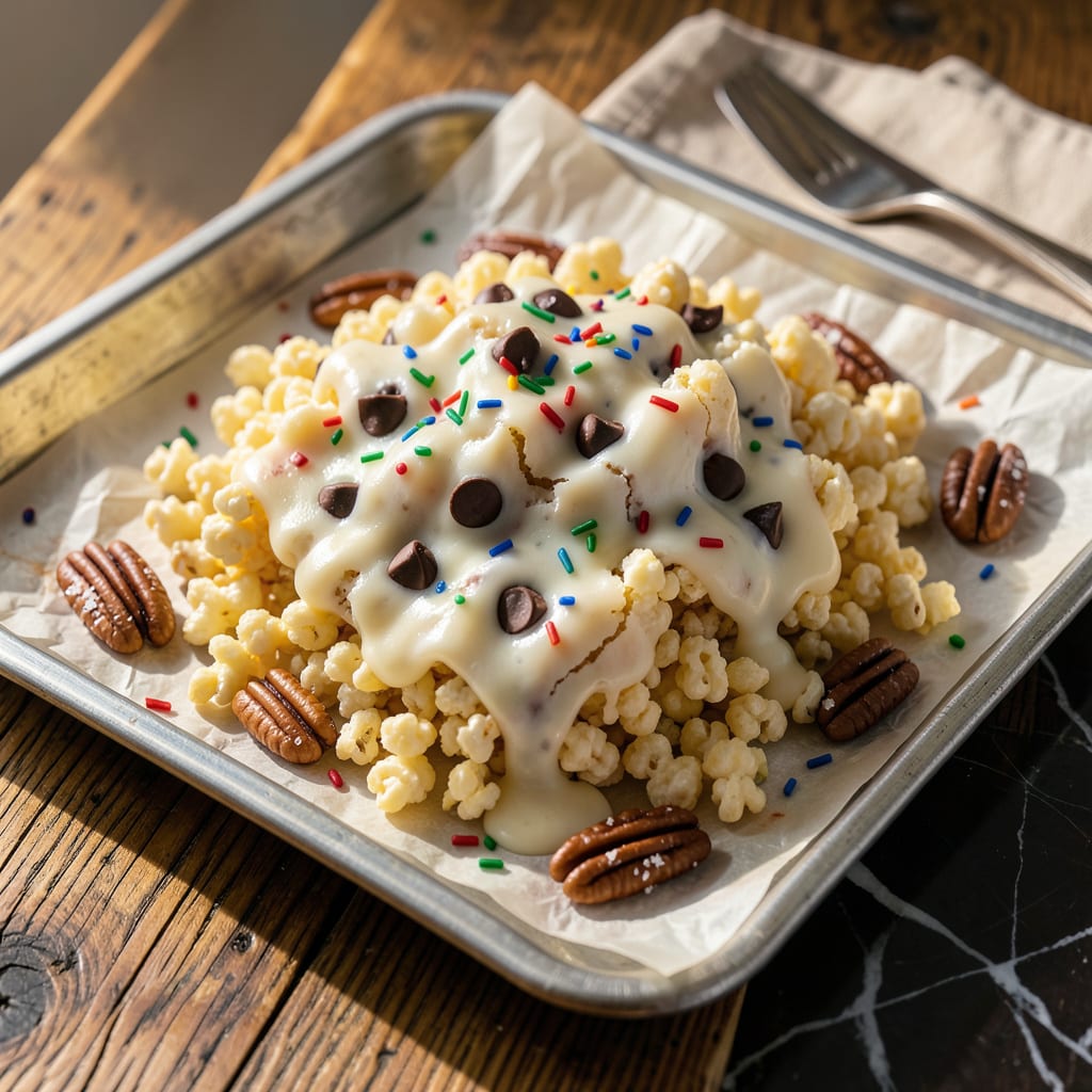 Almond Bark Puffed Corn Recipe: Sweet and Crunchy Holiday Snack Mix example with annotations