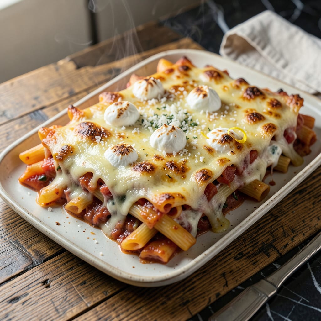 Visual representation of Baked Ziti Recipe Ina Garten: Three Cheese Layers With Crispy Garlic Breadcrumbs