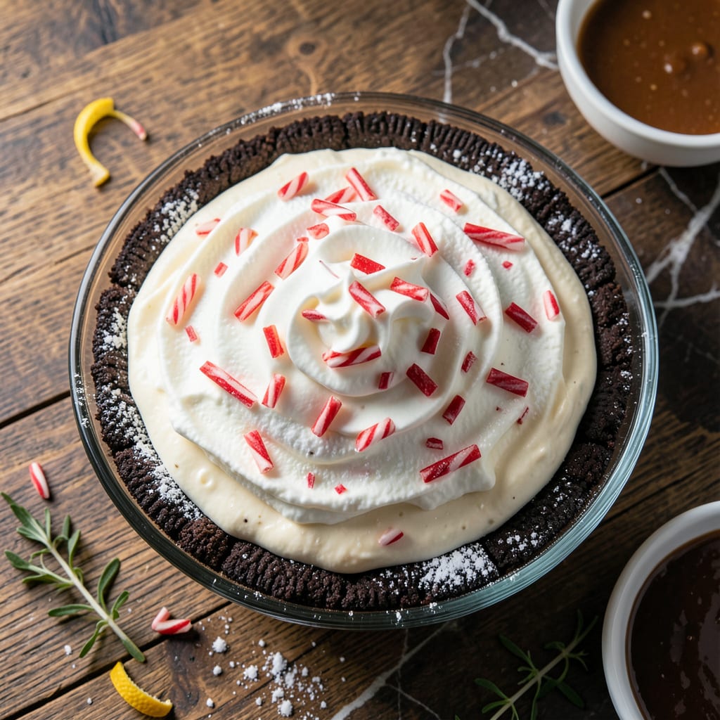 Visual representation of Bakers Square Candy Cane Pie Recipe: Peppermint Cream in a Chocolate Crust