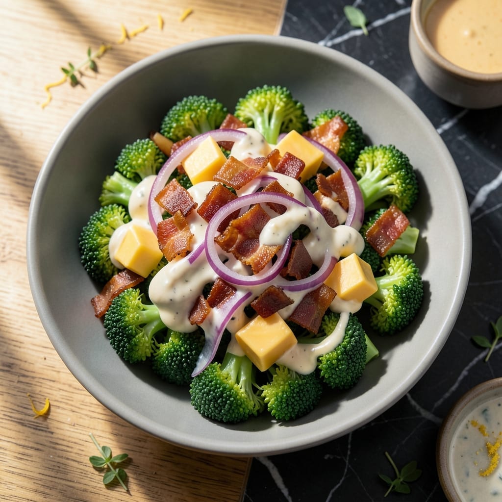 Broccoli Salad Recipe with Bacon, Red Onion and Cheddar Cheese: Smoky Crunch with Sharp Cheddar Bite