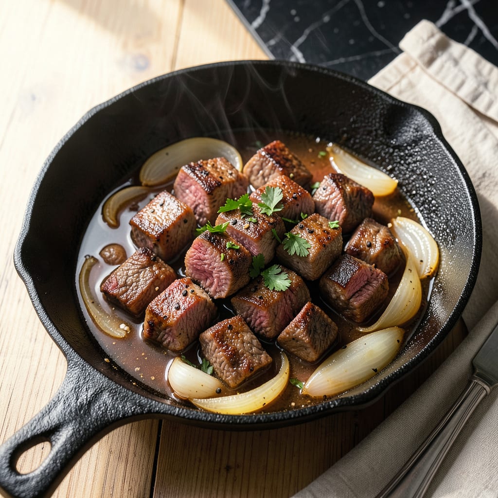 Complete beef tips on stove recipe overview image