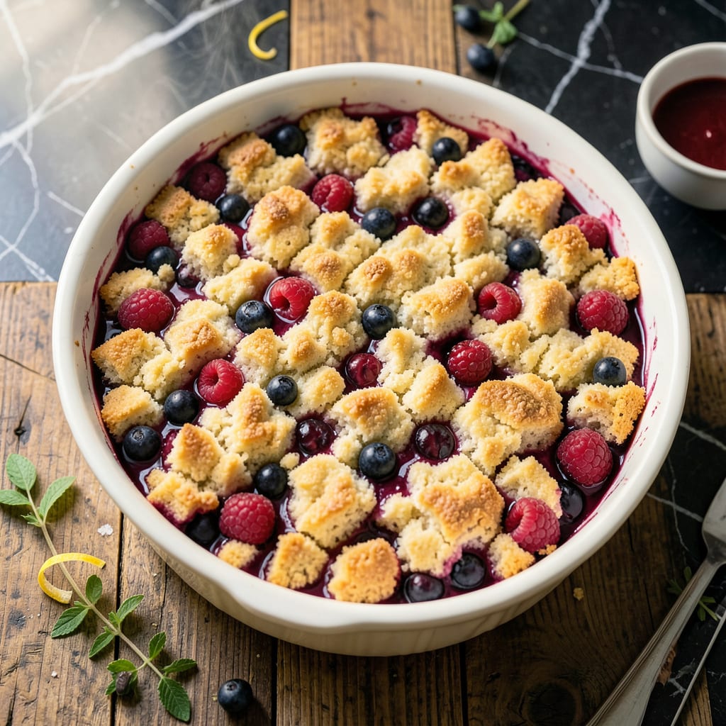 Bisquick Berry Cobbler Recipe: Warm Juicy Berries Under Fluffy Biscuit Topping example with annotations