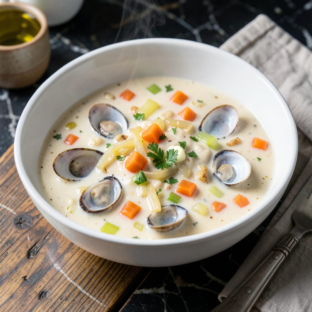 BJ's Clam Chowder Recipe: New England Creaminess With Fresh Clams illustration with key details