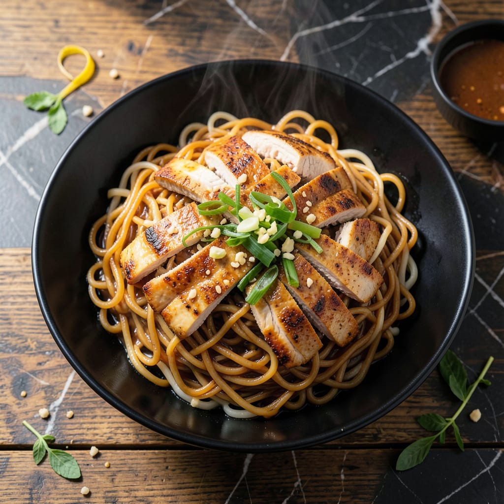 Blackstone Chicken Lo Mein Recipe: Wok Seared Noodles with Garden Veggies illustration with key details