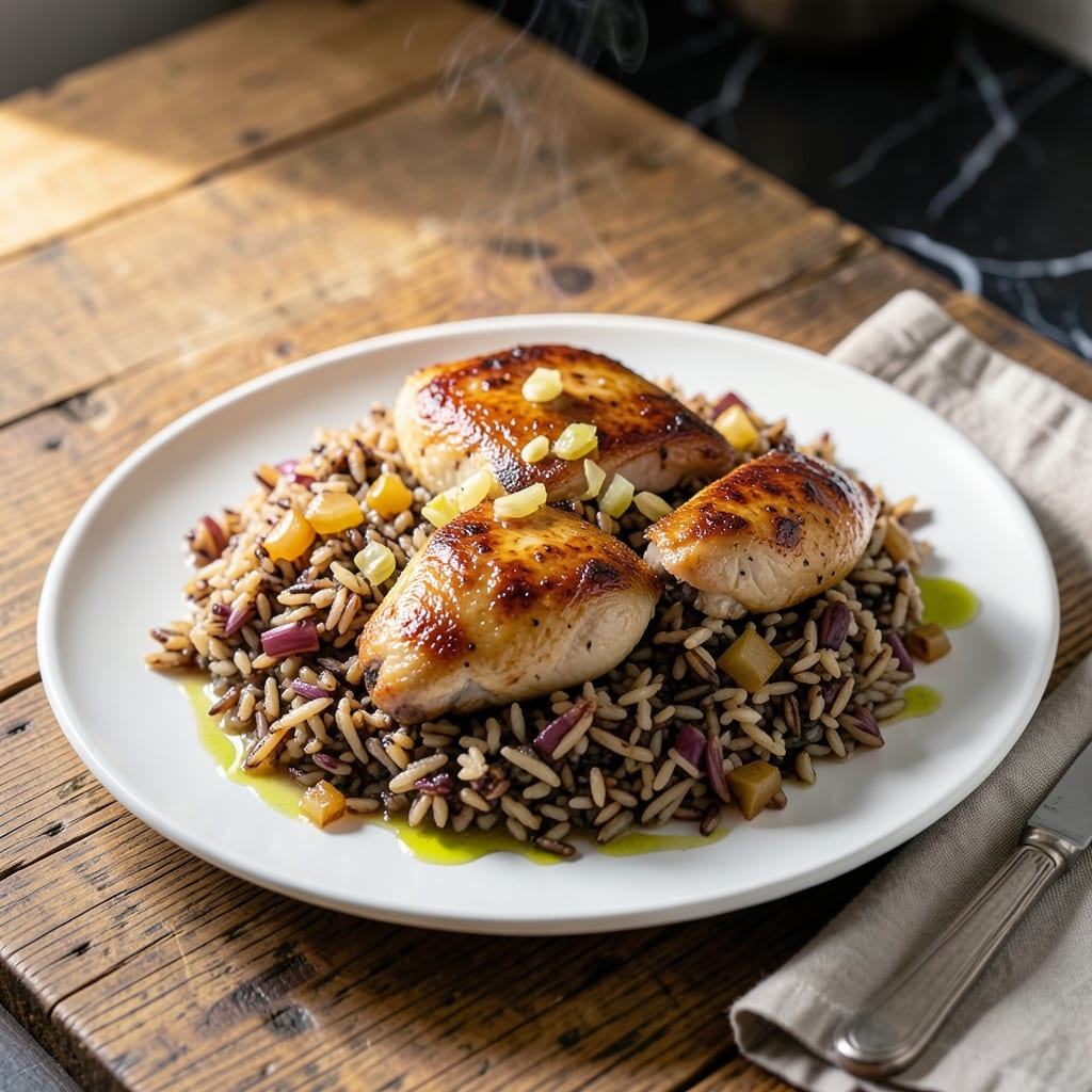 Forgotten Chicken Recipe With Wild Rice: Tender Chicken Over Nutty Grains