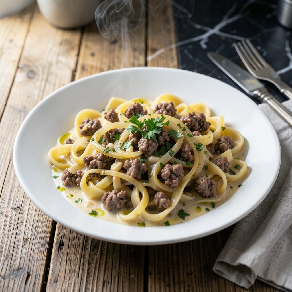 Ground Beef Stroganoff Recipe Without Mushrooms: Creamy Beefy Indulgence Over Egg Noodles
