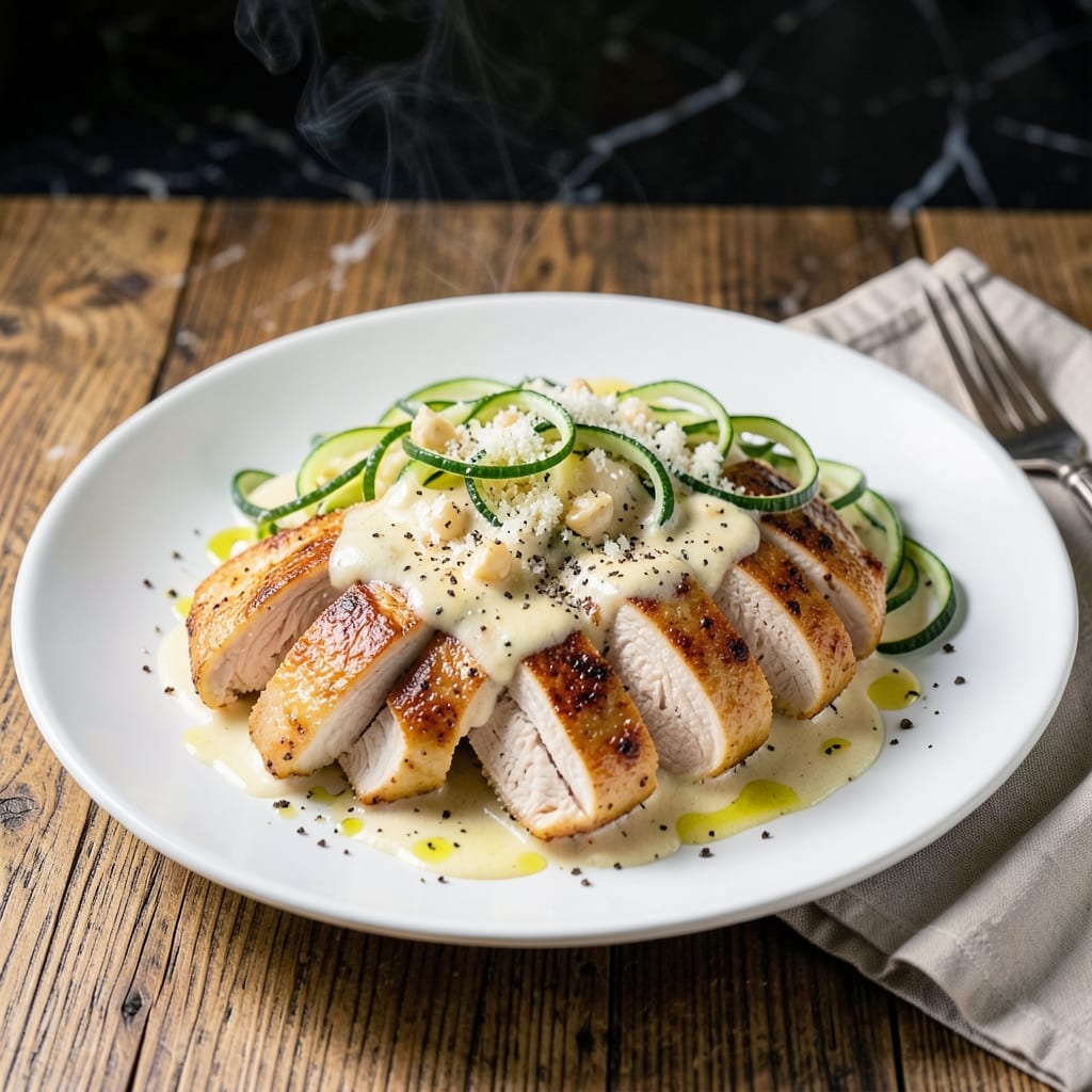Keto Chicken Alfredo Recipe Low Carb: Zucchini Noodles With Creamy Parmesan Sauce