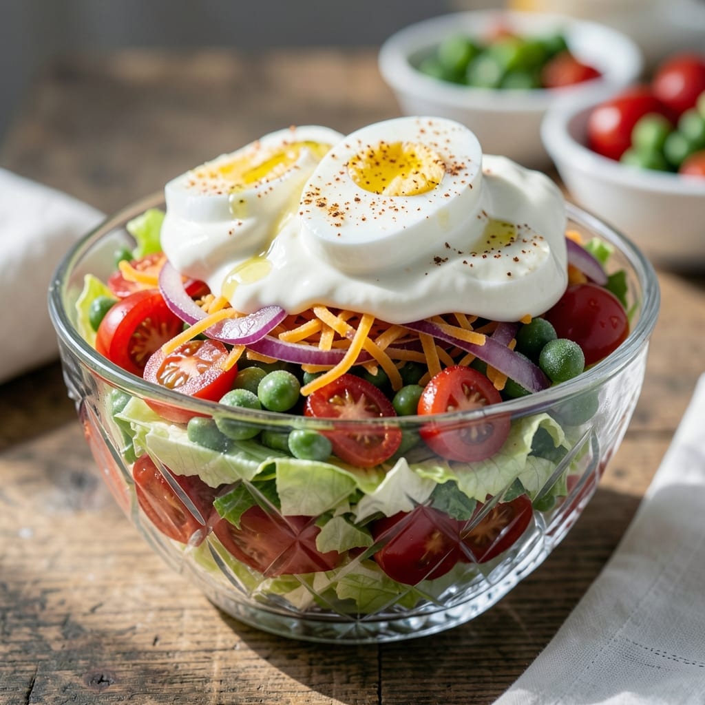 7 Layer Salad Recipe With Mayo and Sour Cream: Retro Potluck Crowd Pleaser