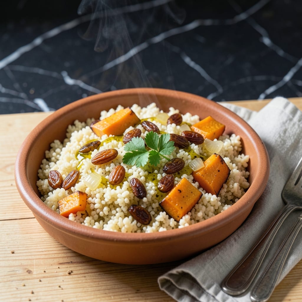 Vegan Couscous Recipe Moroccan: Spiced Pearl Couscous With Raisins and Almonds Vegan Couscous Recipe Moroccan: Spiced Pearl Couscous With Raisins and Almonds