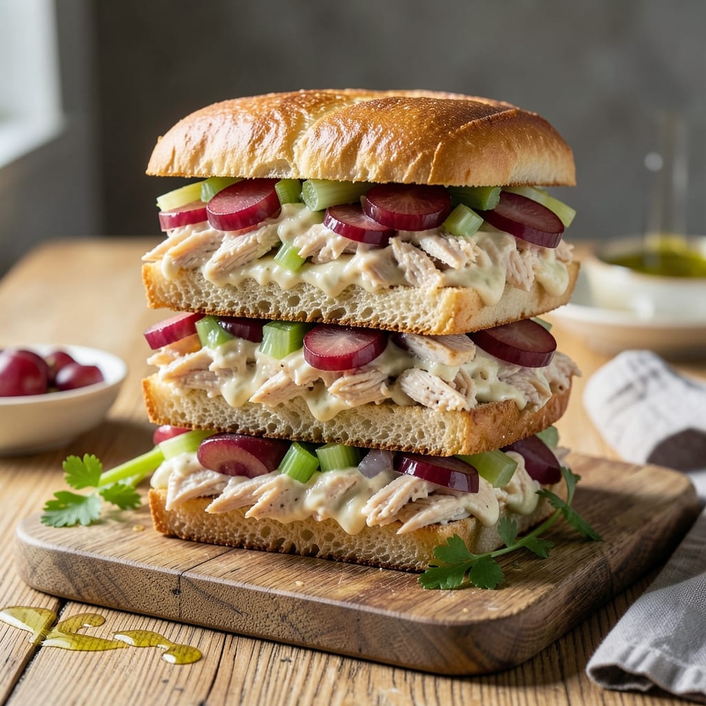 Visual representation of chicken salad sandwich recipe using canned chicken