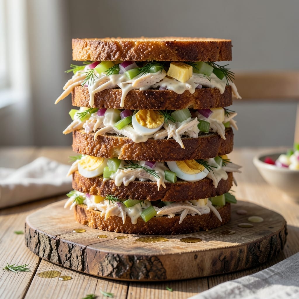 Visual representation of chicken salad sandwich recipe with boiled eggs