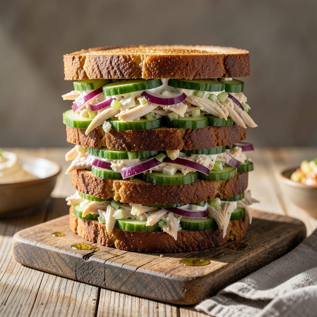 Complete chicken salad sandwich recipe with cucumber overview image