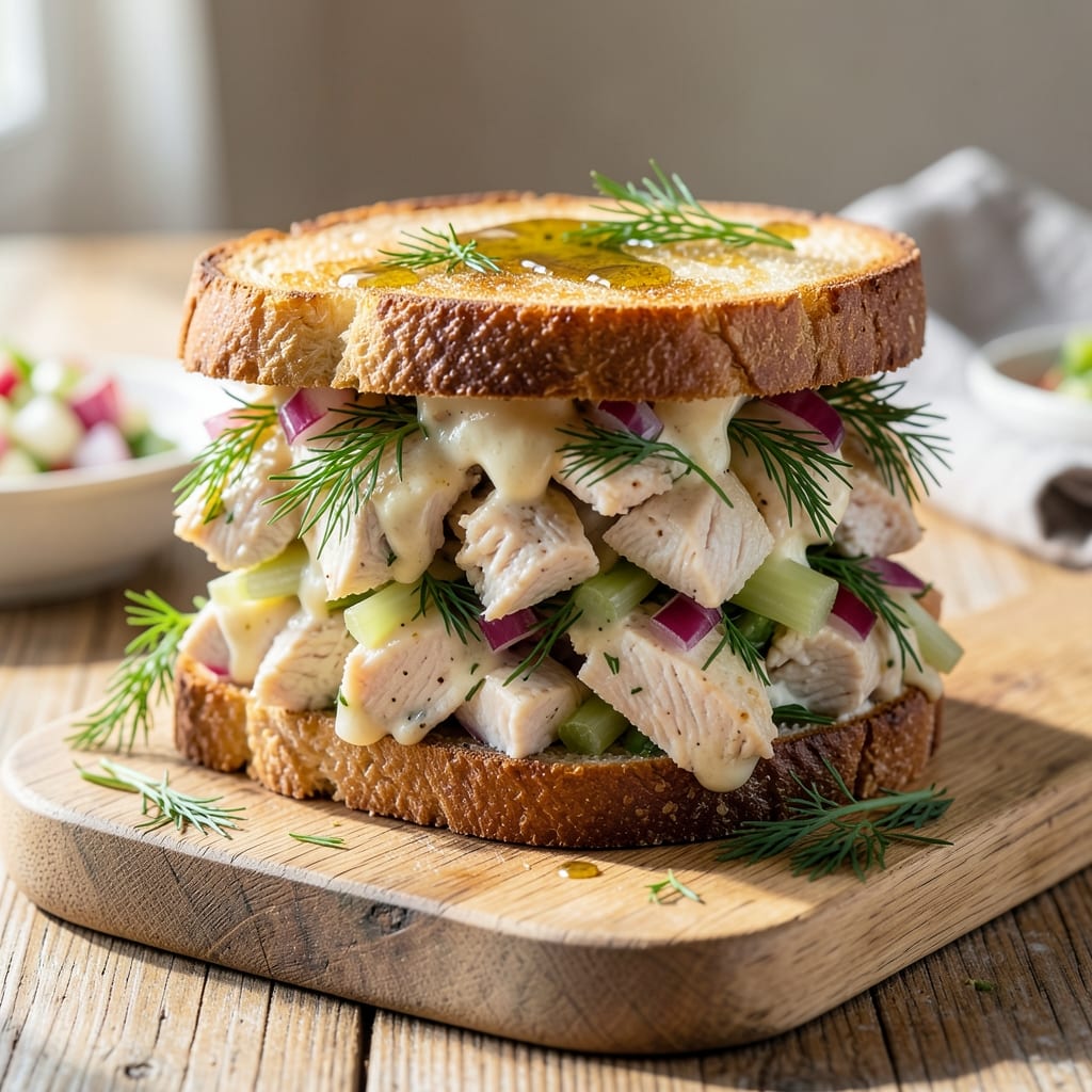 Complete chicken salad sandwich recipe with dill overview image