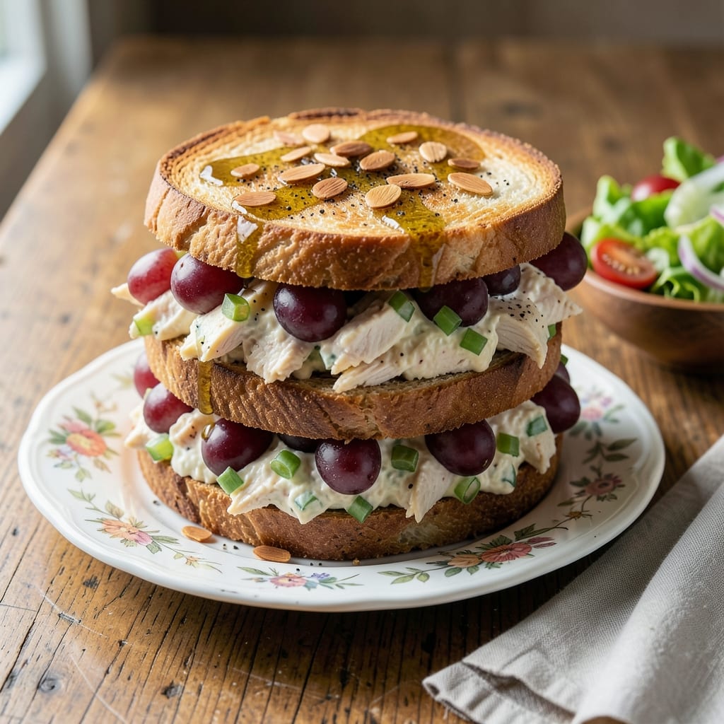 chicken salad sandwich recipe with grapes and almonds illustration with key details